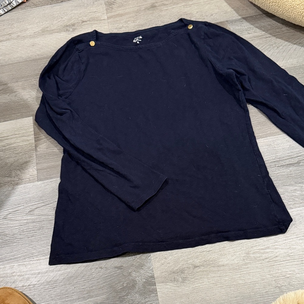 J. Crew Navy Long Sleeve Boatneck Top with Gold Buttons